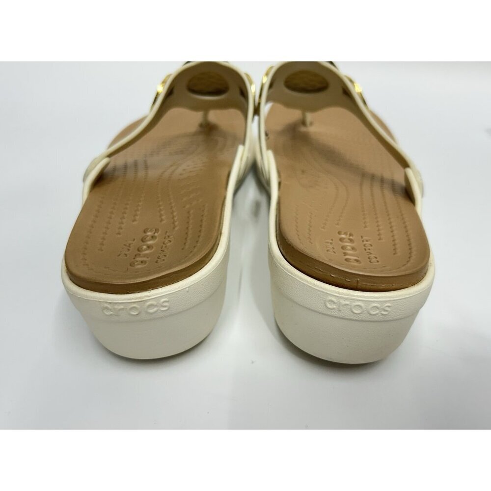 Crocs Sanrah Hammered Circle Gold Cream Wedge Thong Sandal Womens Size 11 - Picture 7 of 12